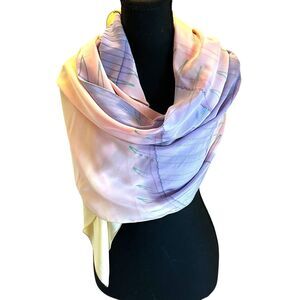 1980s Silk Scarf Hand Painted Silk Signed Moss Pink Sparkles Vintage 42 x 44